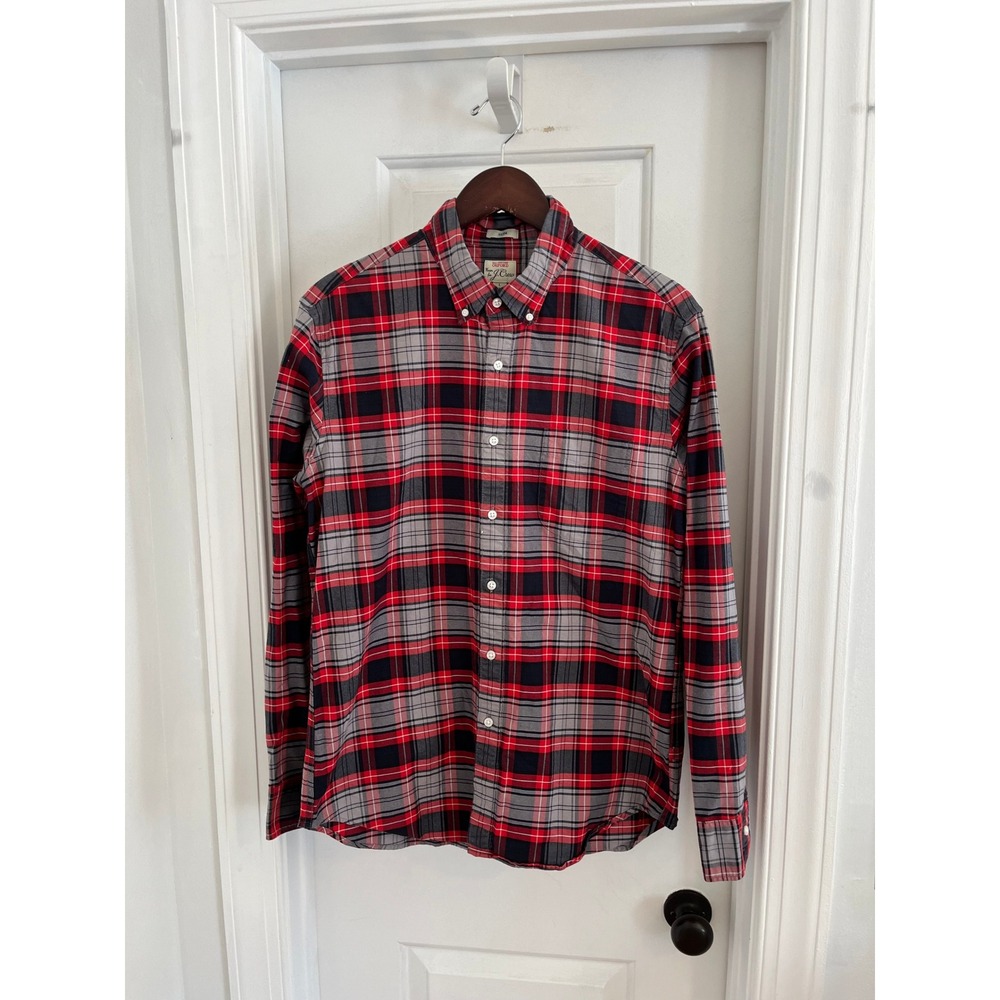 J.Crew Slim All Cotton Oxford Shirt Red Grey Plaid Button‎ Down K1975 Mens L